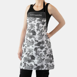 Tablier Elégant Vintage Noir Blanc Français Toile Renard R
