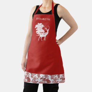 Tablier Elégant Vintage Rouge Blanc Toile Cerf