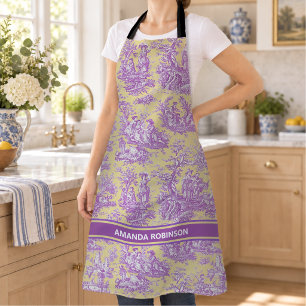Tablier Élégant violet jaune imprimé toile de Jouy vintage