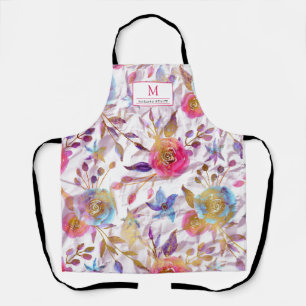 Tablier Elégante aquarelle rose floral et blanc