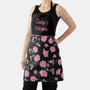 Tablier Élégante Rose Rose Florale Cuisine Noire