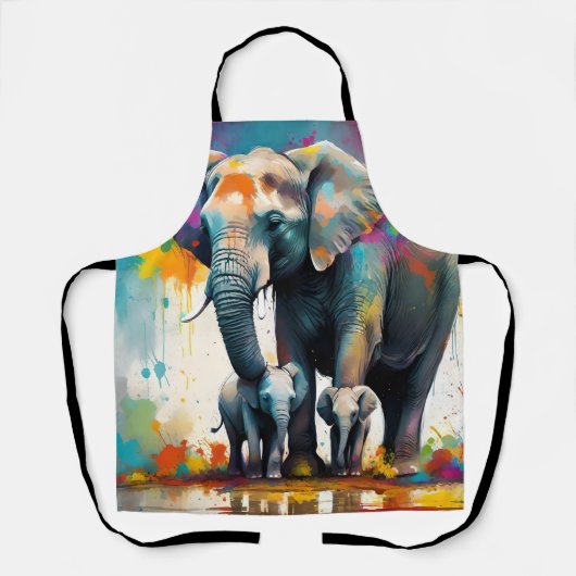 Tablier Éléphants Mère Et Bébé Éclaboussure De Couleur, (Recto)
