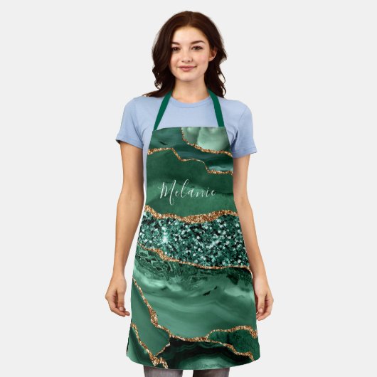 Tablier Emerald Green Gold Marble Nom personnalisé Apron C (Porté)