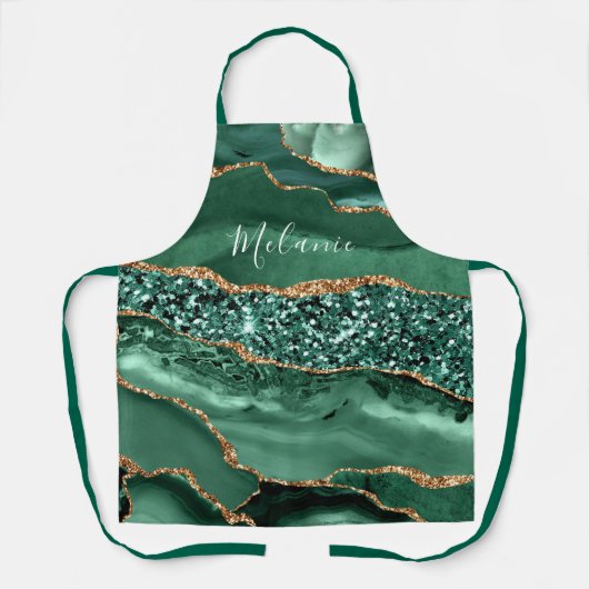 Tablier Emerald Green Gold Marble Nom personnalisé Apron C (Recto)