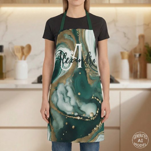 Tablier Émeraude de style Vert Or Marbre Agate Monogramme