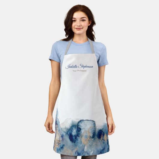 Tablier Encre d'aquarelle bleu et or moderne (Porté)