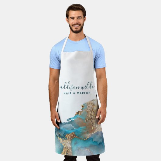 Tablier Encre D'Aquarelle Liquide D'Art Moderne Bleu Et Or (Porté)