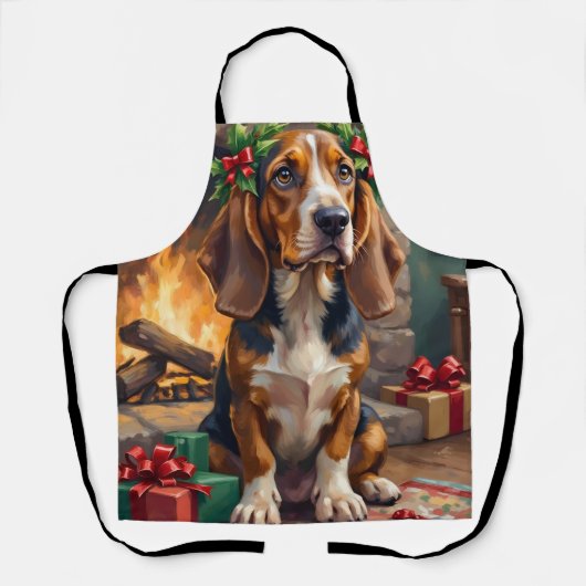 Tablier Endearing Basset Hound Dog with Christmas Wreath (Recto)