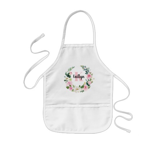 Tablier Enfant Aquarelle rose florale Monogramme et nom (Devant)