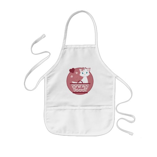 Tablier Enfant chaton blanc doux en panier rose (Devant)