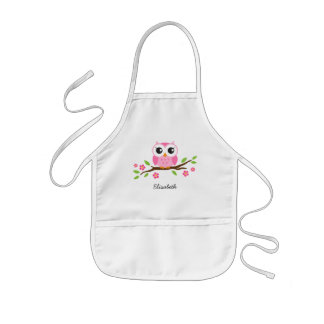 Tablier Enfant Hibou rose sur le nom personnalisé par branche