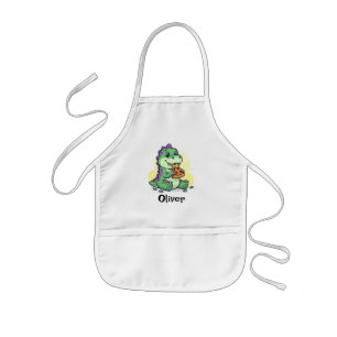 Tablier Enfant Joli Dinosaure Vert Mangeant une Pizza Pizzasauru