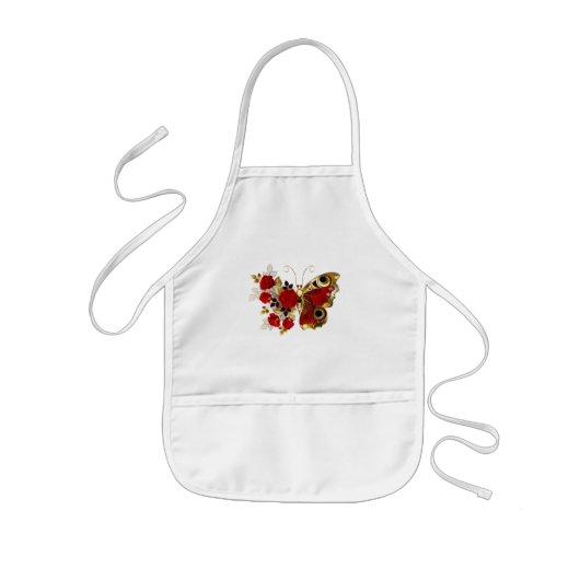 Tablier Enfant Papillon de fleurs rouges aux roses rouges (Devant)