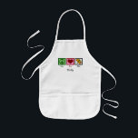 Tablier Enfant Peace Love Peinture Cute Custom Art Class Enfants<br><div class="desc">Un signe de paix, un coeur et une palette d'artistes de couleurs vives et de pinceau. Un joli cadeau personnalisé pour un peintre enfant. Customisez cette Peace Love Peindre les enfants tablier.</div>