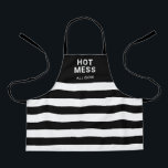 Tablier Enfants Funny Hot Mess Black Stripes Personnalisé<br><div class="desc">Protégez les vêtements de votre enfant avec ce Kids Funny Hot Mess Black Stripes personnalisée Kitchen Apron. Il est conçu avec des rayures horizontales en noir et blanc et des lettrages blancs gras sur la partie supérieure solide. Le texte est "chaud désordre" à travers la zone supérieure suivi du nom...</div>