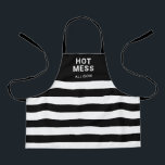 Tablier Enfants Funny Hot Mess Black Stripes Personnalisé<br><div class="desc">Protégez les vêtements de votre enfant avec ce Kids Funny Hot Mess Black Stripes personnalisée Kitchen Apron. Il est conçu avec des rayures horizontales en noir et blanc et des lettrages blancs gras sur la partie supérieure solide. Le texte est "chaud désordre" à travers la zone supérieure suivi du nom...</div>