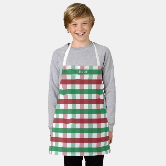Tablier Enfants Noël Rouge Vert Plaid Nom personnalisé (Porté)