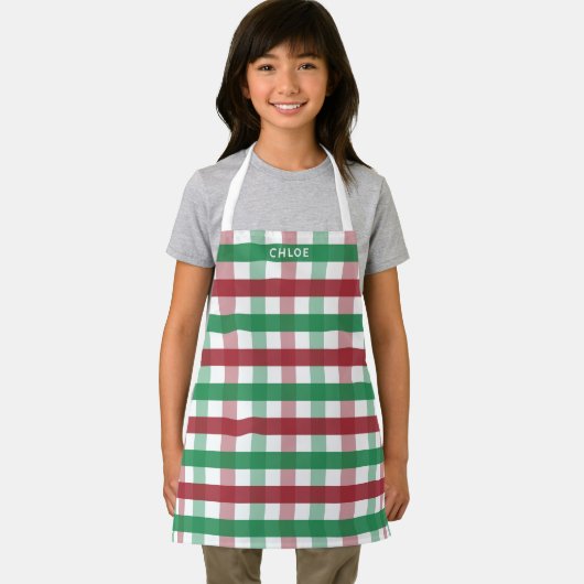 Tablier Enfants Noël Rouge Vert Plaid Nom personnalisé (Insitu)