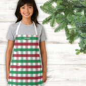 Tablier Enfants Noël Rouge Vert Plaid Nom personnalisé