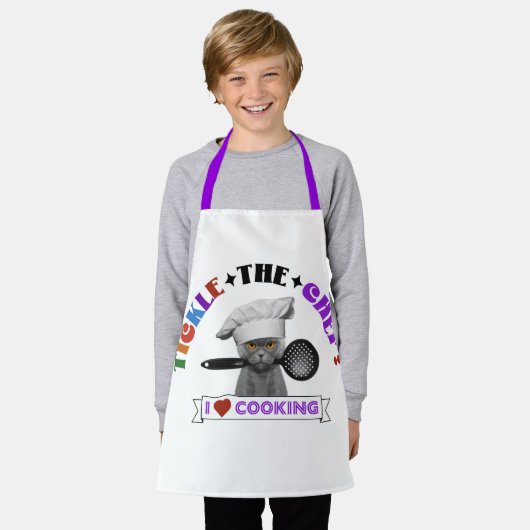 Tablier Enfants "Tickle the Chef" Drôle chat Apron violet (Porté)