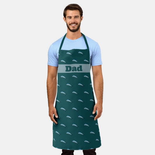Tablier Espadon Petit Motif Profond Mer Bleu Vert Chefs (Porté)