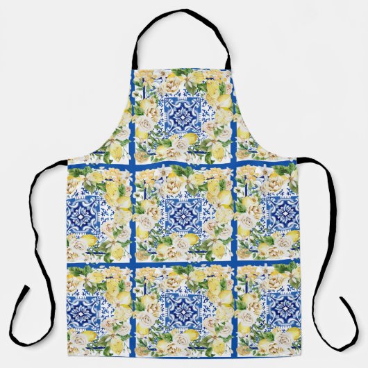 Tablier Été Méditerrannée citron et fleurs imprimés (Recto)