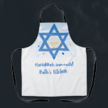 Tablier Étoile de David, Menorah Hanoukka Sameach<br><div class="desc">Star of David et Menorah sur ce tablier avec Hanoukka Sameach salutation et texte modifiable. Vous pouvez effacer la zone de texte si ce n'est pas nécessaire.</div>