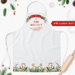 Tablier Famille personnalisée Festive Traitements de la fr<br><div class="desc">Superbe tablier de vacances avec toutes les zones de texte disponibles pour votre propre personnalisation! Conception unique avec zone pour votre nom/nom de famille et message sur le dessus embelli par une bannière avec sainte et mistletoe. Basse zone avec une frontière festive exquise avec les biscuits de Noël, la verdure,...</div>