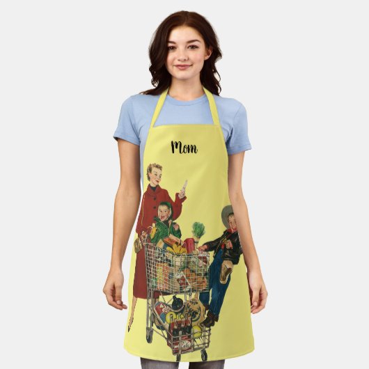 Tablier Famille rétro, maman et enfants panier de courses (Porté)