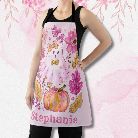 Tablier Fantôme de Halloween rose pastel avec nom personna