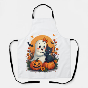 Tablier Fantôme vintage d'Halloween tenant un chat noir gr