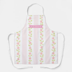 Tablier Féminine rose personnalisée à rayures florales coq