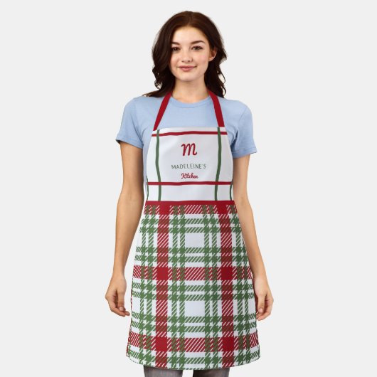 Tablier Ferme Rouge Vert Blanc Noël Plaid Monogramme Cadea (Porté)