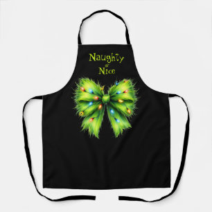 Tablier Festif Green Fur Bow-Lights Naughty ou Nice Nom