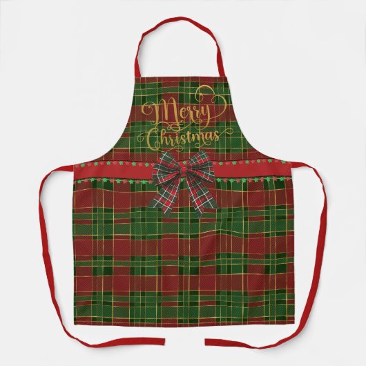 Tablier Festive Joyeux Noël Rouge et Tartan vert (Recto)