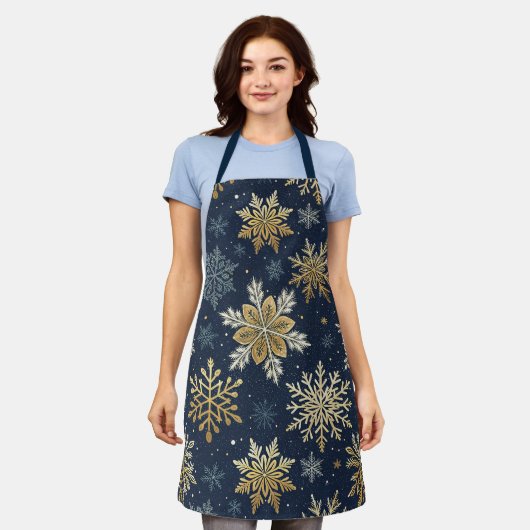 Tablier Festive Navy Blue & Gold Snowflake Pattern  (Porté)