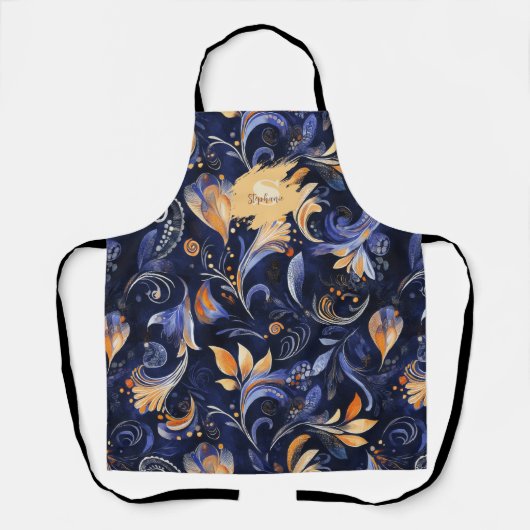 Tablier Feuilles Abstraits Paisley bleu et or (Recto)