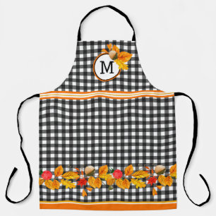 Tablier Feuilles d'automne sur un monogramme en vichy noir