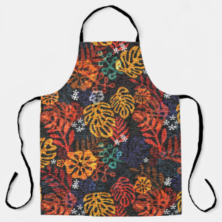 Tablier Feuilles exotiques sur denim, impression transpare