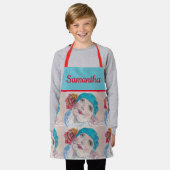 Tablier Fille Avec Rose Rouge Aquarelle Beret Rouge Turquo (Porté)