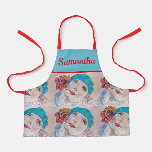 Tablier Fille Avec Rose Rouge Aquarelle Beret Rouge Turquo (Recto)