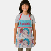 Tablier Fille Avec Rose Rouge Aquarelle Beret Rouge Turquo (Insitu)