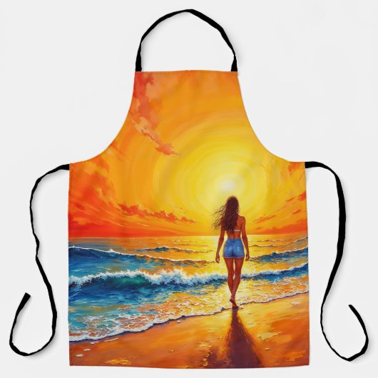 Tablier Fille coucher de soleil promenade décor des vagues (Recto)