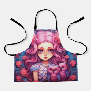 Tablier Fille rose avec deux hiboux
