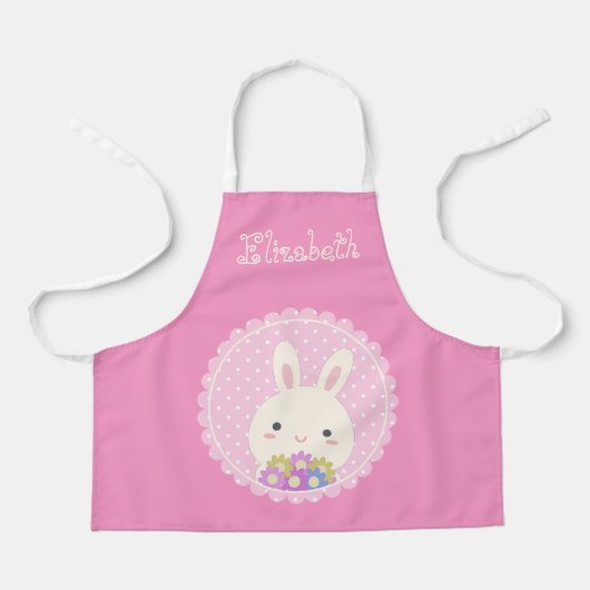 Tablier Fille rose mignonne Kawaii Bunny & Fleurs Nom Pers (Recto)