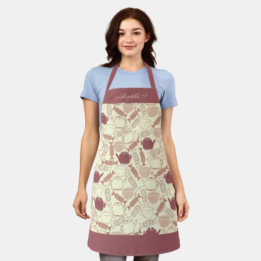 Tablier Fille Teapot Tea Cup Candy Motif Nom du script (Porté)
