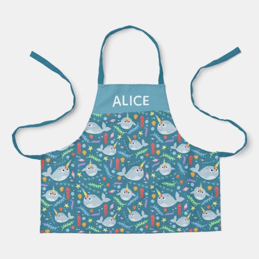 Tablier Filles mignonne arc-en-ciel Narwhal & Nom Turquois (Recto)