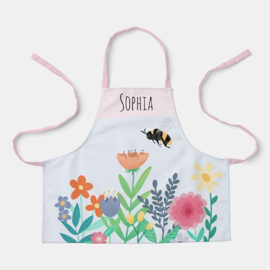 Tablier Filles mignonnes abeille et fleurs avec nom Enfant (Recto)