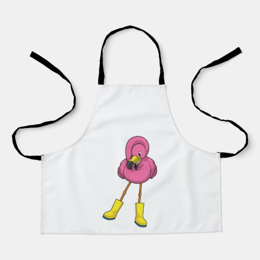Tablier Flamant rose à la pluie avec bottes en caoutchouc (Recto)