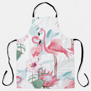 Tablier flamant rose et fleurs exotiques, feuilles de palm